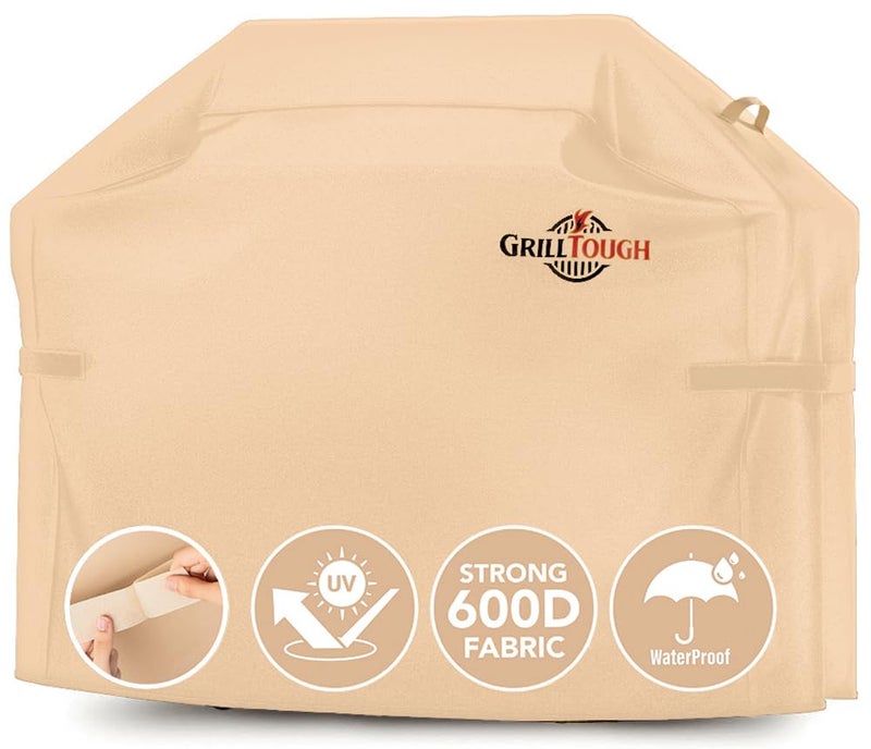 GrillTough Heavy Duty BBQ Grill Cover for Outdoor Grill, 64 Inch â€“ Waterproof, Weather Resistant, UV & Fade Resistant with Adjustable Straps â€“ Gas Grill Cover for Weber, Genesis, Charbroil, etc. Tan - Image 1