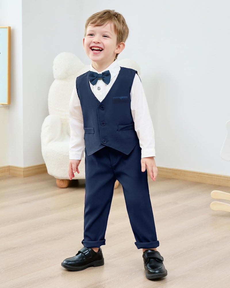nilikastta Navy Blue Toddler Wedding Guest Outfit Boy Ring Bearer Outfits for Boys Dress Shirt/Bowtie/Vest/Suspender Pants for Religious Service 3-4t - Image 3