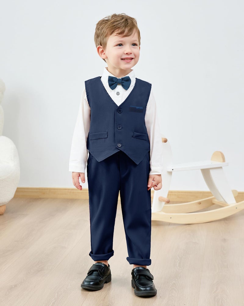 nilikastta Navy Blue Toddler Wedding Guest Outfit Boy Ring Bearer Outfits for Boys Dress Shirt/Bowtie/Vest/Suspender Pants for Religious Service 3-4t - Image 2
