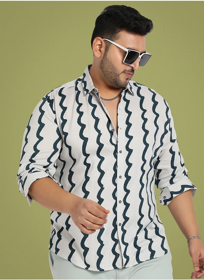انستافاب بلس Instafab Plus Men's White & Navy Blue Contrast Paint Lines Shirt For Casual Wear | Spread Collar | Long Sleeve | Button Closure | Cotton Shirt Crafted With Comfort Fit For Everyday Wear