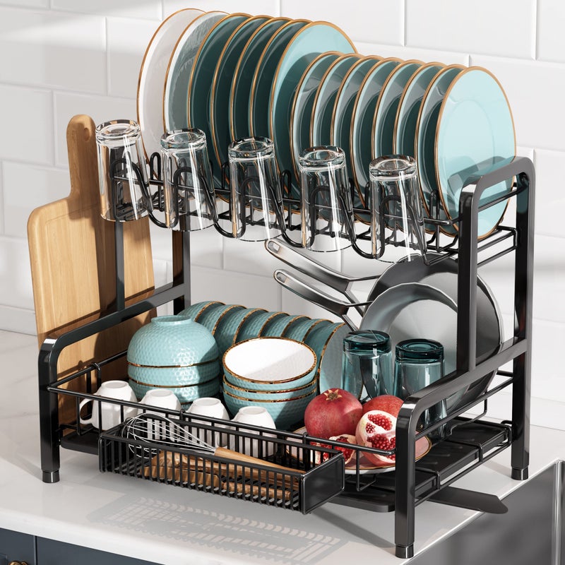 BOOSINY Dish Drying Rack and Drainboard Set for Kitchen Counter 2 Tier Large Stainless Steel Sink Organizer Dish Racks with Cups Holder Utensil Holder Black Dish Strainer Shelf