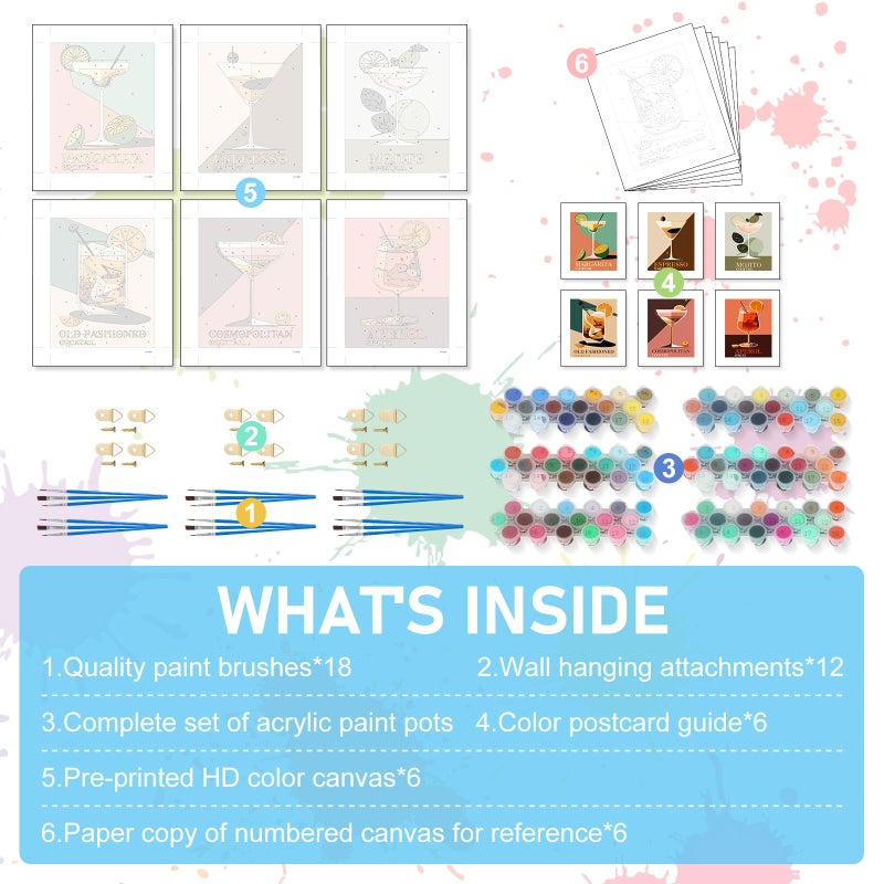 Offito 6 Pack Paint by Numbers Kit for Adults Beginners - 8x10 Inch Cocktail Adult Paint by Number Kits on Canvas, Cocktail DIY Acrylic Oil Number Painting Kits for Adults, Perfect for Gift Home Decor - Image 5