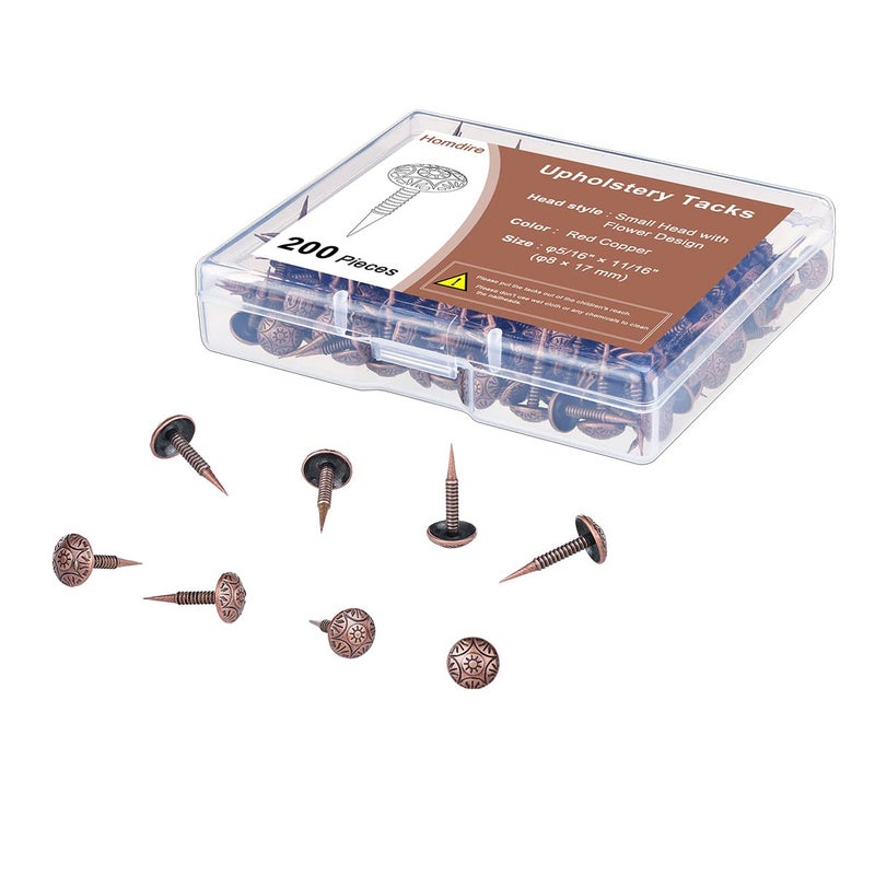 Homdire Upholstery Tacks With Small Head  5/16 Inch Vintage Furniture Tacks Nails For Upholstery  200Pcs Mini Decorative Nails With Threaded Leg  Sofa Tacks For Woods (Red Copper) - Image 2