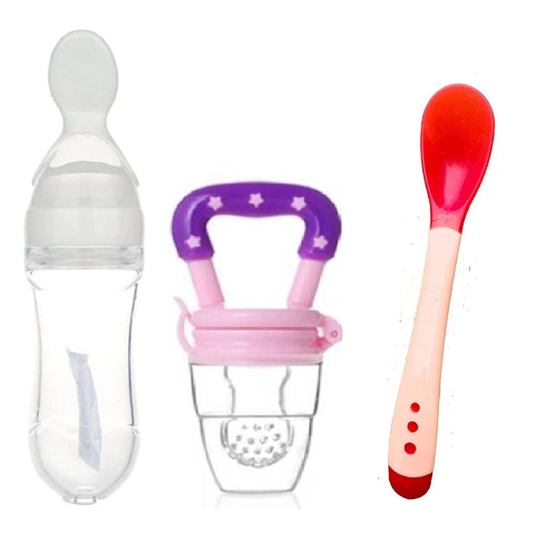 Lappu Baby Feeding Set ,Feeding Kit Needs Items All in One 1-Food Feeder 1 Color Changing Temper Heat Sensor Spoon and 1- Food Fruit Nibbler Pacifier (Combo Pack) (Multicolor13) - Image 1
