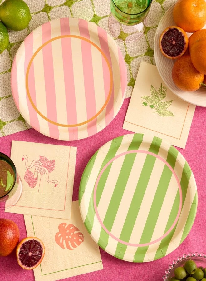 xo, Fetti Pink and Green Striped Cabana Plates - 24 Paper Plates, 9" | Birthday, Retro Theme, Preppy Decor, Palm Royale, Summer - Image 2