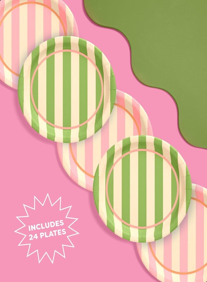 xo, Fetti Pink and Green Striped Cabana Plates - 24 Paper Plates, 9" | Birthday, Retro Theme, Preppy Decor, Palm Royale, Summer - Image 3