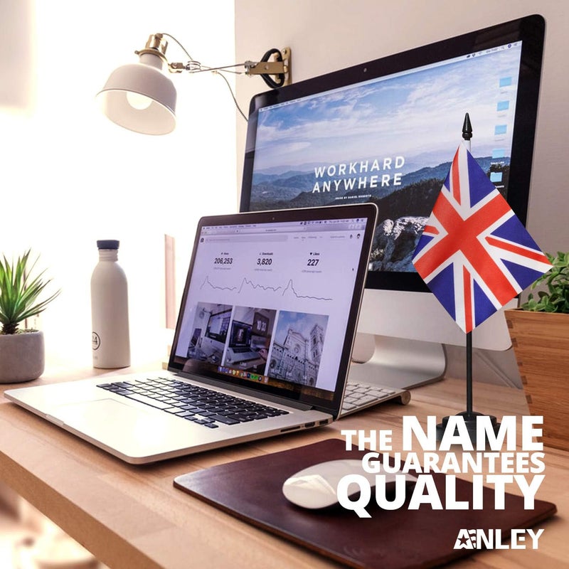 Anley UK Deluxe Desk Flag Set - 6 x 4 Inch Miniature United Kingdom British Desktop Flag with 12" Solid Pole - Vivid Color and Fade Resistant - Black Base and Spear Top - Image 1