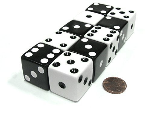 Koplow Games مجموعة من 10 نرد عكسي D6 بحجم 25 مم كبير غير شفاف، 5 من كل من الأبيض والأسود - Image 1