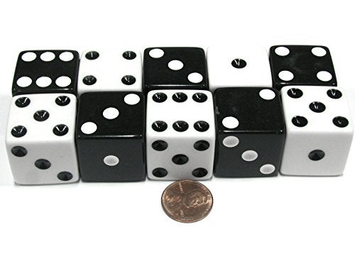 Koplow Games مجموعة من 10 نرد عكسي D6 بحجم 25 مم كبير غير شفاف، 5 من كل من الأبيض والأسود - Image 5