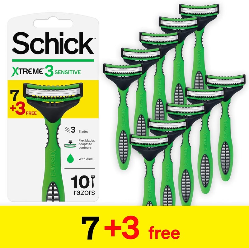 schick شيفك إكستريم 3 حساسية شفرات ثلاثية للاستخدام مرة واحدة للرجال مع الألوة فيرا - 10 قطع - Image 1