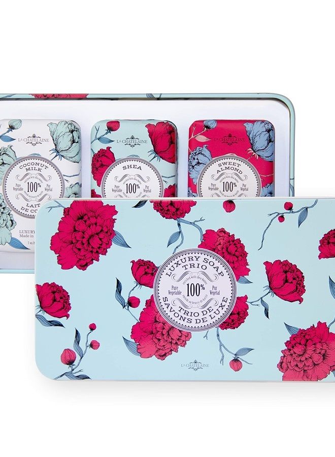 La Chatelaine Luxury Bar Soap Trio Gift Set Tin | Natural Shea Butter Formula | Valentines Day Gifts for Her | 7 oz (Coconut Milk, Shea, Sweet Almond) - Image 1