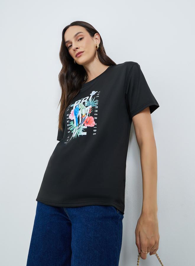 Take Two Black Tropical Print Short Sleeve T-Shirt - Image 1