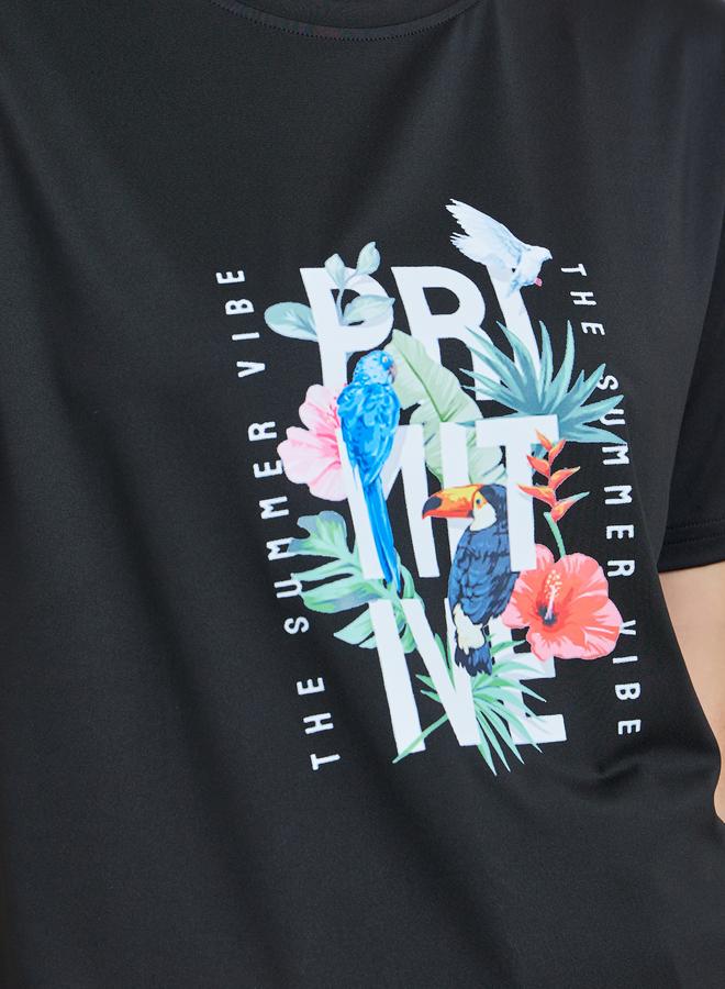 Take Two Black Tropical Print Short Sleeve T-Shirt - Image 3