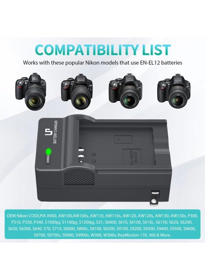 LP EN-EL12 LP Battery Charger, Compatible with Nikon COOLPIX A900,W300,W300s,S1100pj,S1200pj,AW120,AW120s,AW130,AW130s,P330,P340,S9700,S9700s,S9900,S9900s,KeyMission 170,KeyMission 360 Cameras and More - Image 3