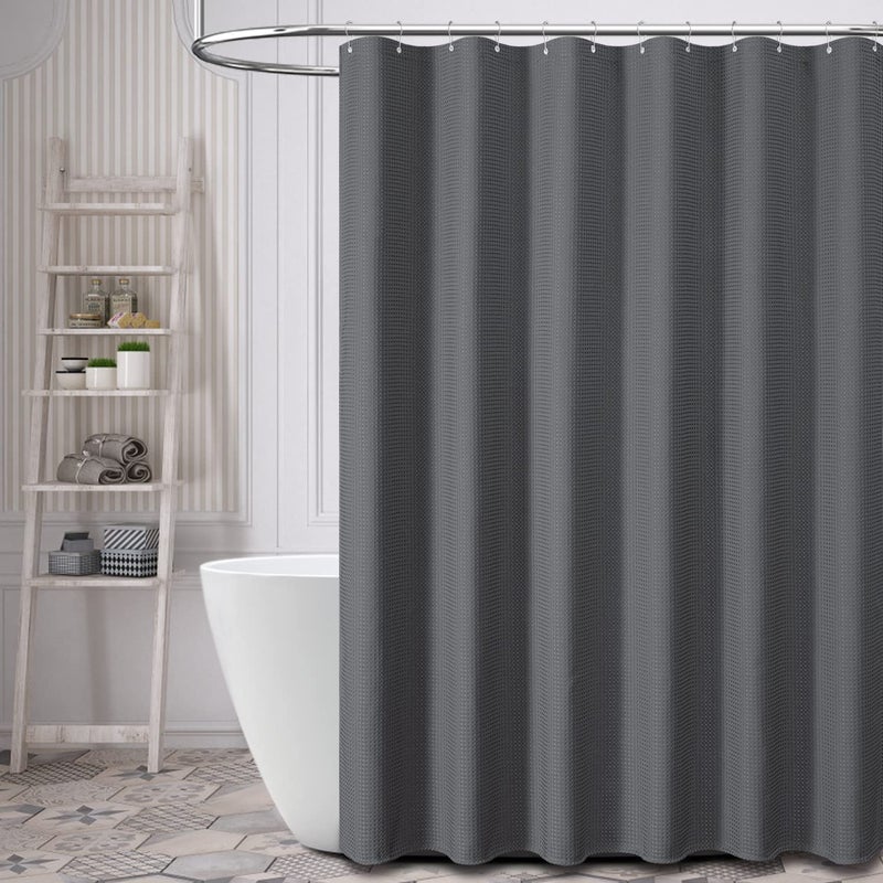 Dynamene Stall Fabric Shower Curtain  60 x 84 inch Long Waffle Weave Weighted Thick Cloth Shower Curtain for Bathroom  Neutral Heavy Duty Hotel Spa Luxury Bath Curtain Set with 10 Hook  Charcoal Grey - Image 3