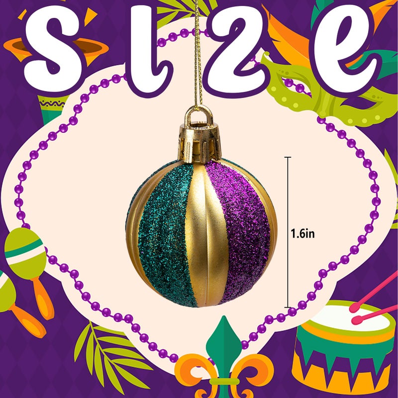 Watayo 24 Pcs Glitter Ball Ornaments - 1.6" Shatterproof Hanging Balls - Purple, Gold, Green Tree Balls for Mardi Gras Holiday, New Orleans Masquerade Party Decoration - Image 2