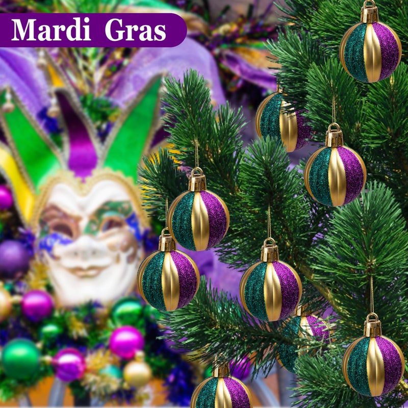 Watayo 24 Pcs Glitter Ball Ornaments - 1.6" Shatterproof Hanging Balls - Purple, Gold, Green Tree Balls for Mardi Gras Holiday, New Orleans Masquerade Party Decoration - Image 4
