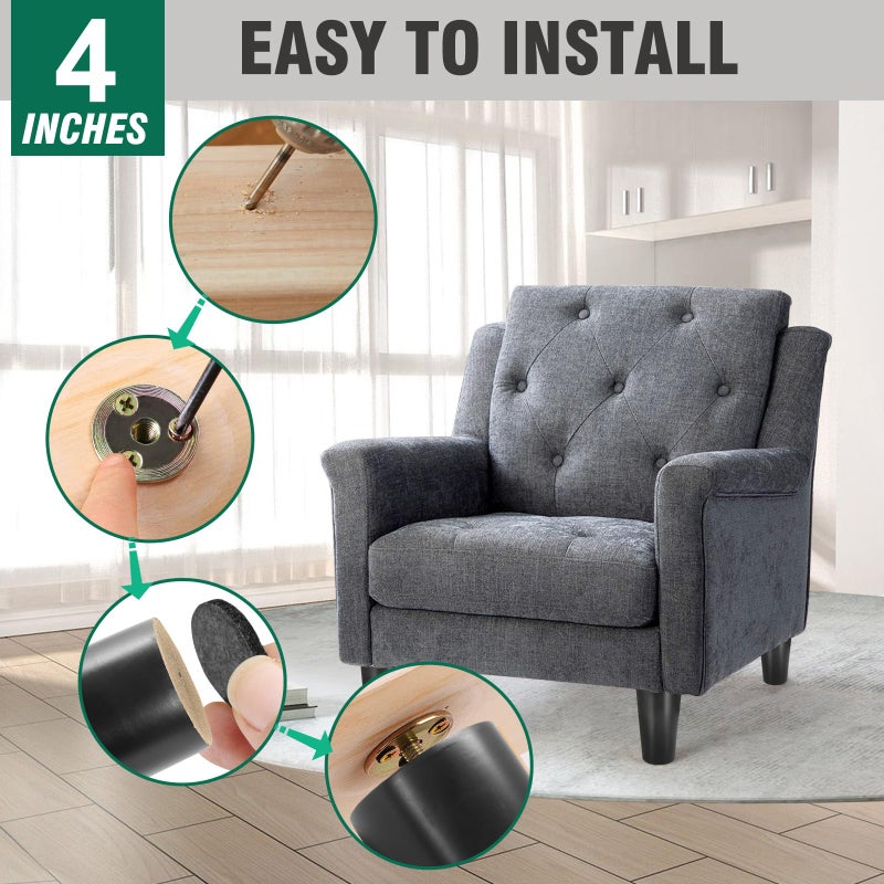 Fodau770 Black Rubber Wood Furniture Legs 4 Inches, Straight Tapered Wood Legs Mid Century Sofa Legs Set Of 4, 5/16"" Unc Furniture Feet Replacement Legs For Cabinet Sofa Couch Dresser Chair Ottoman - Image 4