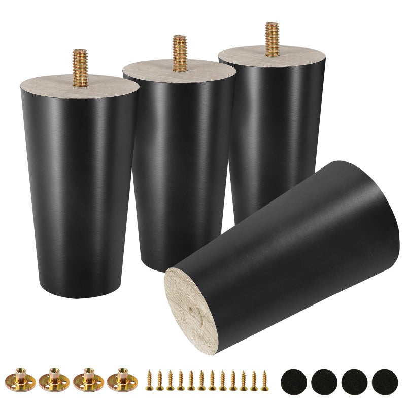 Fodau770 Black Rubber Wood Furniture Legs 4 Inches, Straight Tapered Wood Legs Mid Century Sofa Legs Set Of 4, 5/16"" Unc Furniture Feet Replacement Legs For Cabinet Sofa Couch Dresser Chair Ottoman - Image 1