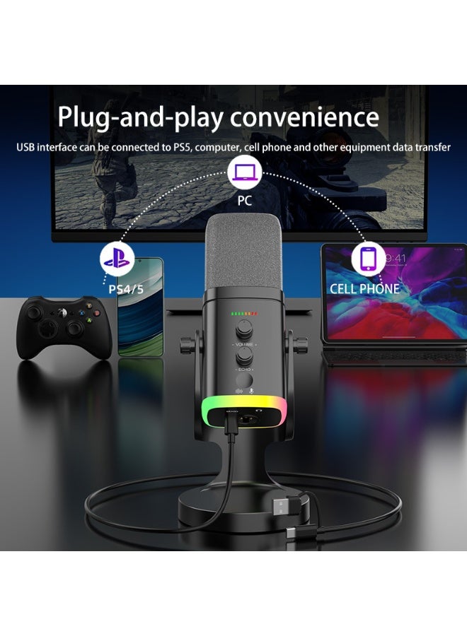 ميكروفون، ميكروفون ديناميكي لتسجيل البودكاست، ميكروفون بث ألعاب الكمبيوتر الشخصي مع إضاءة RGB، زر كتم الصوت، منفذ سماعات، حامل مكتبي، ميكروفون صوتي للغناء على يوتيوب - Image 3