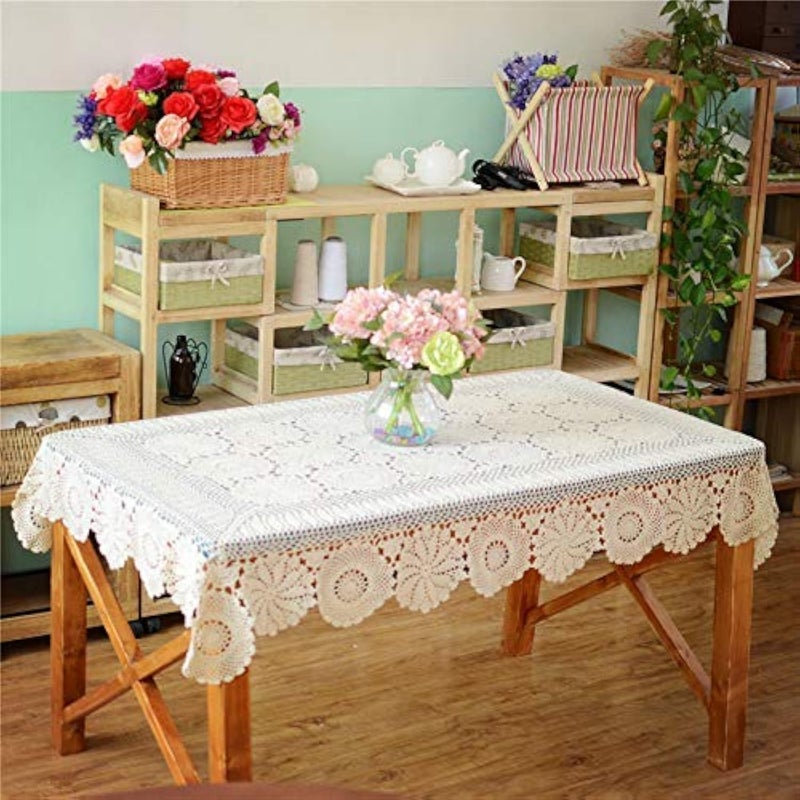 USTIDE White Floral Lace Crochet Tablecloths Cotton Rectangle Kitchen Tablecloth Party Wedding Table Covers 59x78inches - Image 1