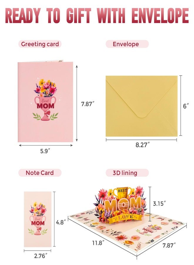 Sipthene Mothers Day Card - 3D Pop Up Best Mom Greeting Card with Trophy & Flowers - Large 8x6 Handcrafted Happy Mother's Day Card, Mothers Day Gifts for Wife, Grandma, Envelope and Note Tag - Image 3