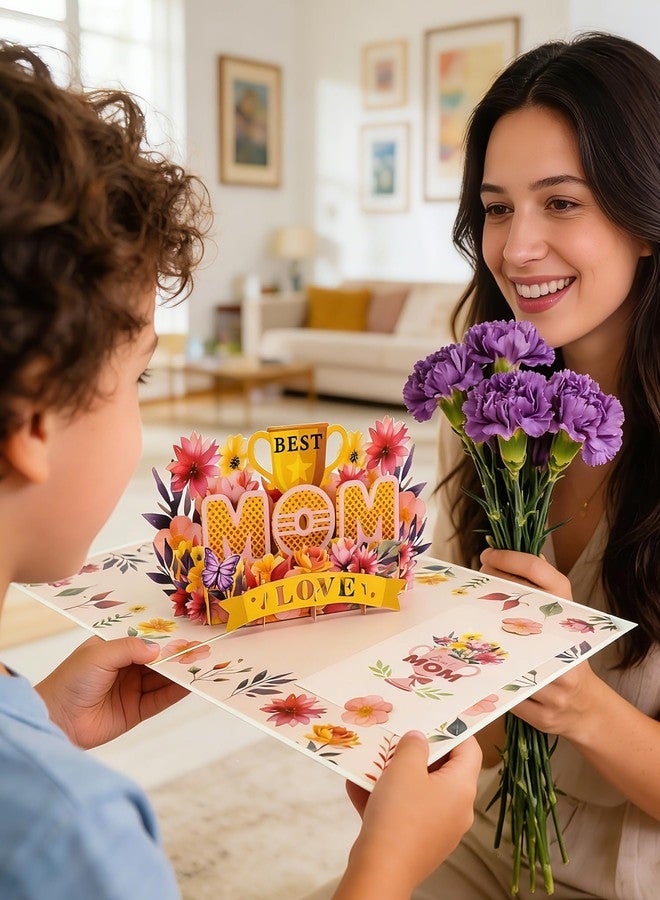 Sipthene Mothers Day Card - 3D Pop Up Best Mom Greeting Card with Trophy & Flowers - Large 8x6 Handcrafted Happy Mother's Day Card, Mothers Day Gifts for Wife, Grandma, Envelope and Note Tag - Image 2