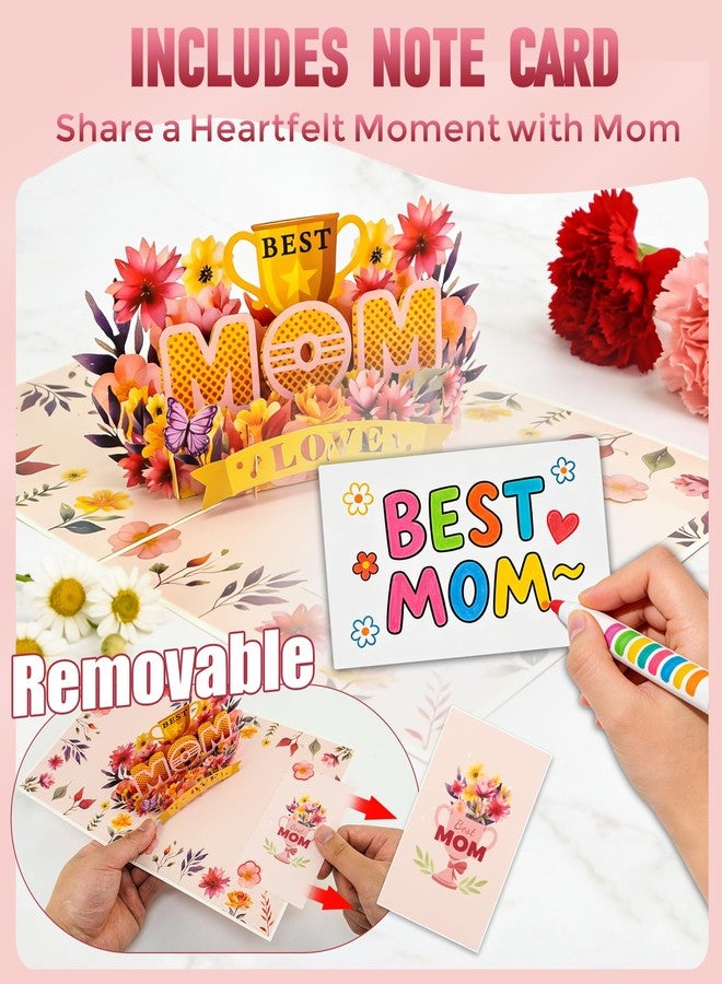 Sipthene Mothers Day Card - 3D Pop Up Best Mom Greeting Card with Trophy & Flowers - Large 8x6 Handcrafted Happy Mother's Day Card, Mothers Day Gifts for Wife, Grandma, Envelope and Note Tag - Image 4
