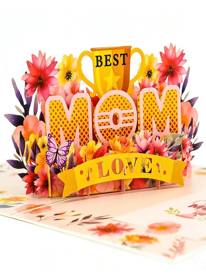 Sipthene Mothers Day Card - 3D Pop Up Best Mom Greeting Card with Trophy & Flowers - Large 8x6 Handcrafted Happy Mother's Day Card, Mothers Day Gifts for Wife, Grandma, Envelope and Note Tag - Image 1