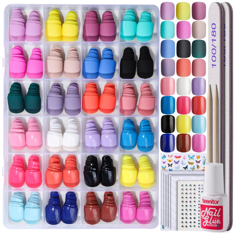 أظافر صناعية قصيرة مربعة من تيينيتور 576 قطعة أظافر صناعية قصيرة مع لاصق أظافر وملصقات لاصقة 12 لون أظافر قصيرة غير لامعة 12 لون أظافر قصيرة لامعة أظافر قصيرة لاصقة مع ملصقات أظافر وحجر الراين