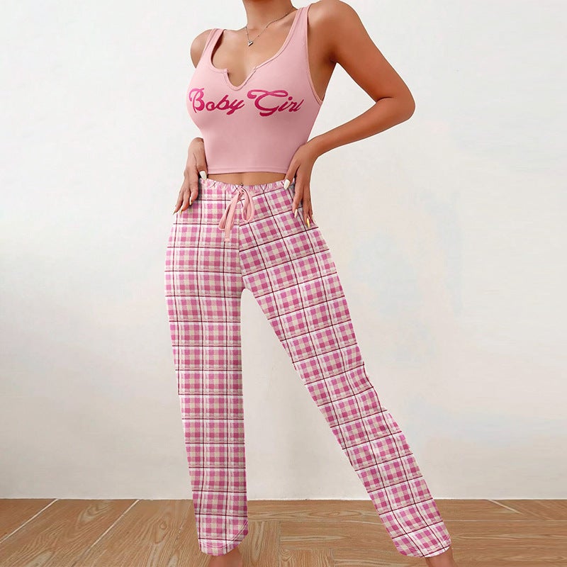 Baby Girl Sleeveless Top Letter Print Pajamas SetW0277 Vest Trousers-Pink W0277 Vest Trousers-Pink