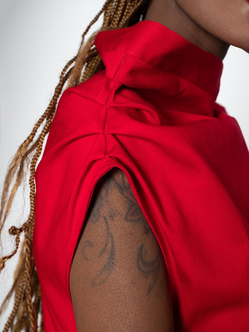 ميتامورفوزا فستان سهرة راقٍ من الساتان والقطن باللون الأحمر - Image 4