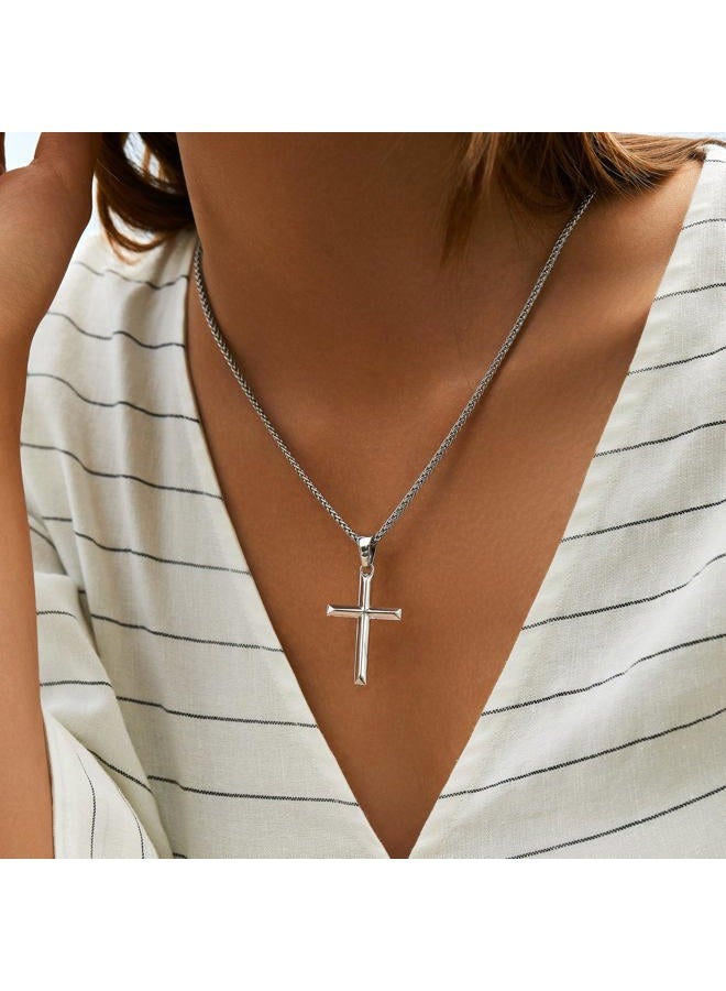 LOFITOR 925 Sterling Silver Cross Necklace for Men Women with 3MM Stainless Steel Strong Durable Wheat Chain 18K White Gold Plated Beveled Edge Crucifix Pendant Necklace Jewelry Present 16-28 Inches - Image 5