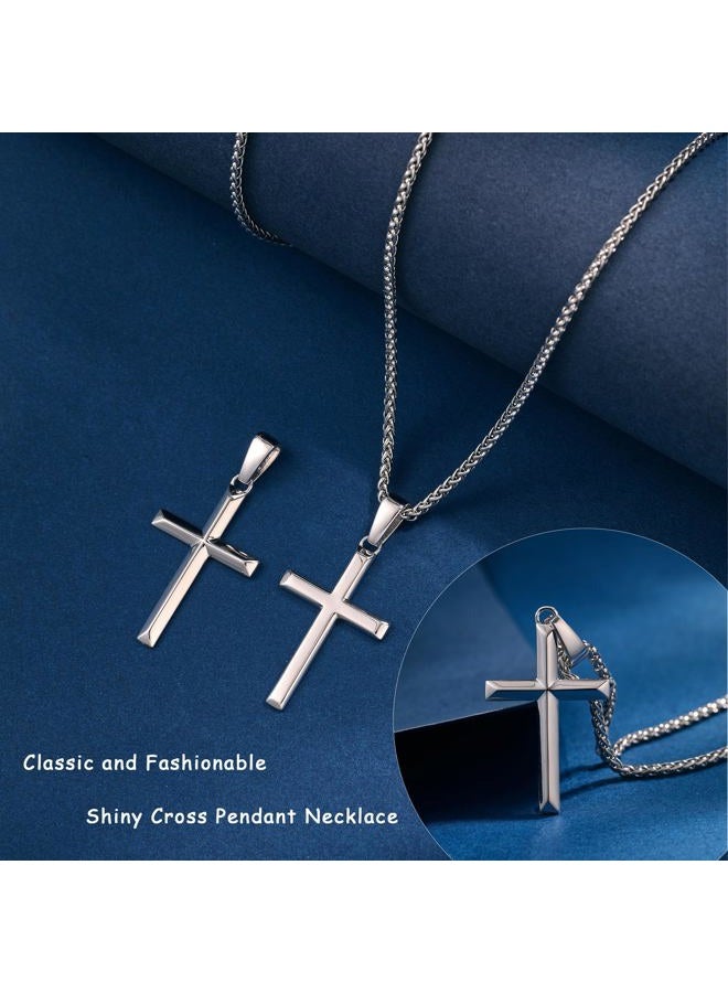 LOFITOR 925 Sterling Silver Cross Necklace for Men Women with 3MM Stainless Steel Strong Durable Wheat Chain 18K White Gold Plated Beveled Edge Crucifix Pendant Necklace Jewelry Present 16-28 Inches - Image 3