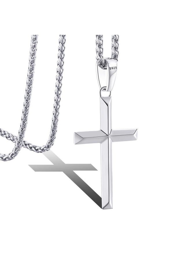 LOFITOR 925 Sterling Silver Cross Necklace for Men Women with 3MM Stainless Steel Strong Durable Wheat Chain 18K White Gold Plated Beveled Edge Crucifix Pendant Necklace Jewelry Present 16-28 Inches - Image 1