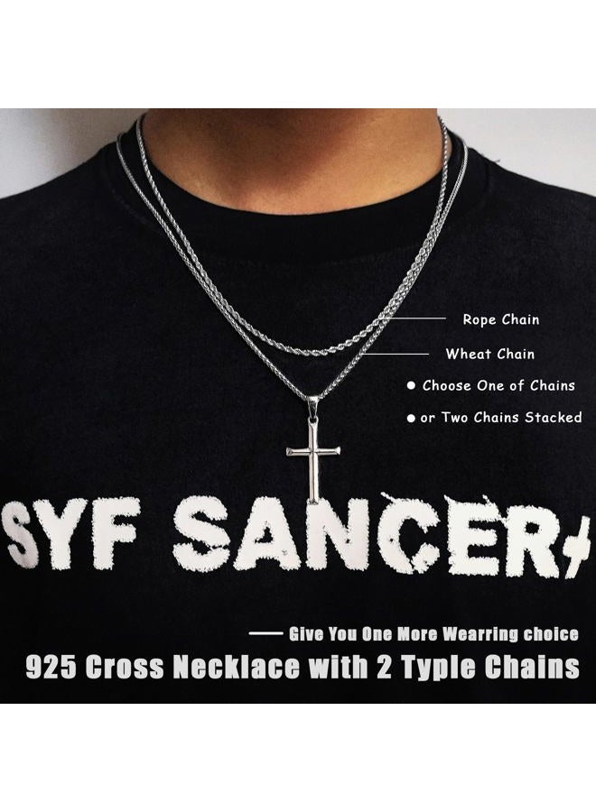 LOFITOR 925 Sterling Silver Cross Necklace for Men Women with 3MM Stainless Steel Strong Durable Wheat Chain 18K White Gold Plated Beveled Edge Crucifix Pendant Necklace Jewelry Present 16-28 Inches - Image 2