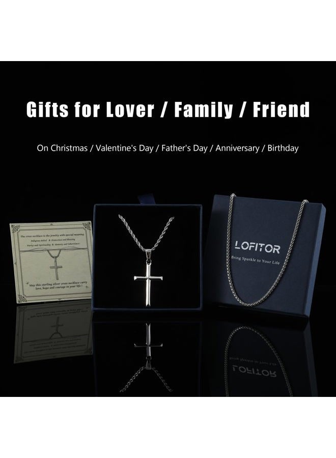 LOFITOR 925 Sterling Silver Cross Necklace for Men Women with 3MM Stainless Steel Strong Durable Wheat Chain 18K White Gold Plated Beveled Edge Crucifix Pendant Necklace Jewelry Present 16-28 Inches - Image 4