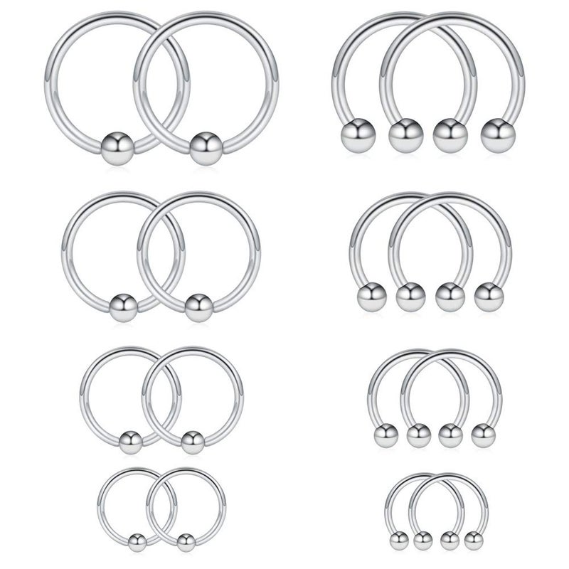 Ruifan 8PRS(16PCS) 14G Surgical Steel Horseshoe & Captive Bead Nose Hoop Septum Earring Eyebrow Tongue Lip Nipple Helix Tragus Piercing Rings 6-12mm - Silver - Image 1