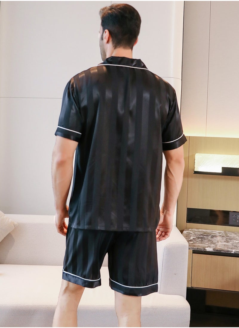 RuanMM - Men's Silky Satin Pajama Set Short Sleeve Classic Sleepwear Button Down Loungewear with Short Pants - Image 1