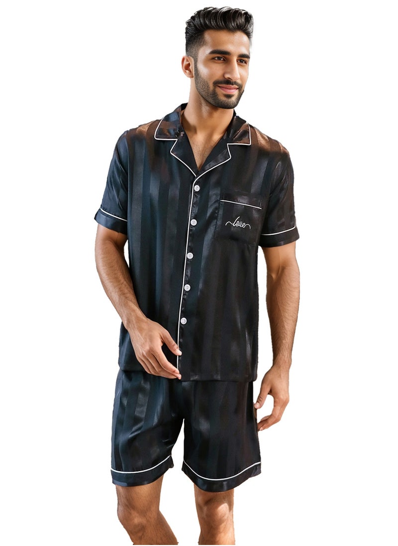 RuanMM - Men's Silky Satin Pajama Set Short Sleeve Classic Sleepwear Button Down Loungewear with Short Pants - Image 1