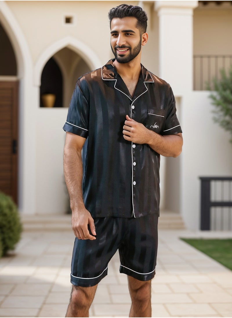 RuanMM - Men's Silky Satin Pajama Set Short Sleeve Classic Sleepwear Button Down Loungewear with Short Pants - Image 1