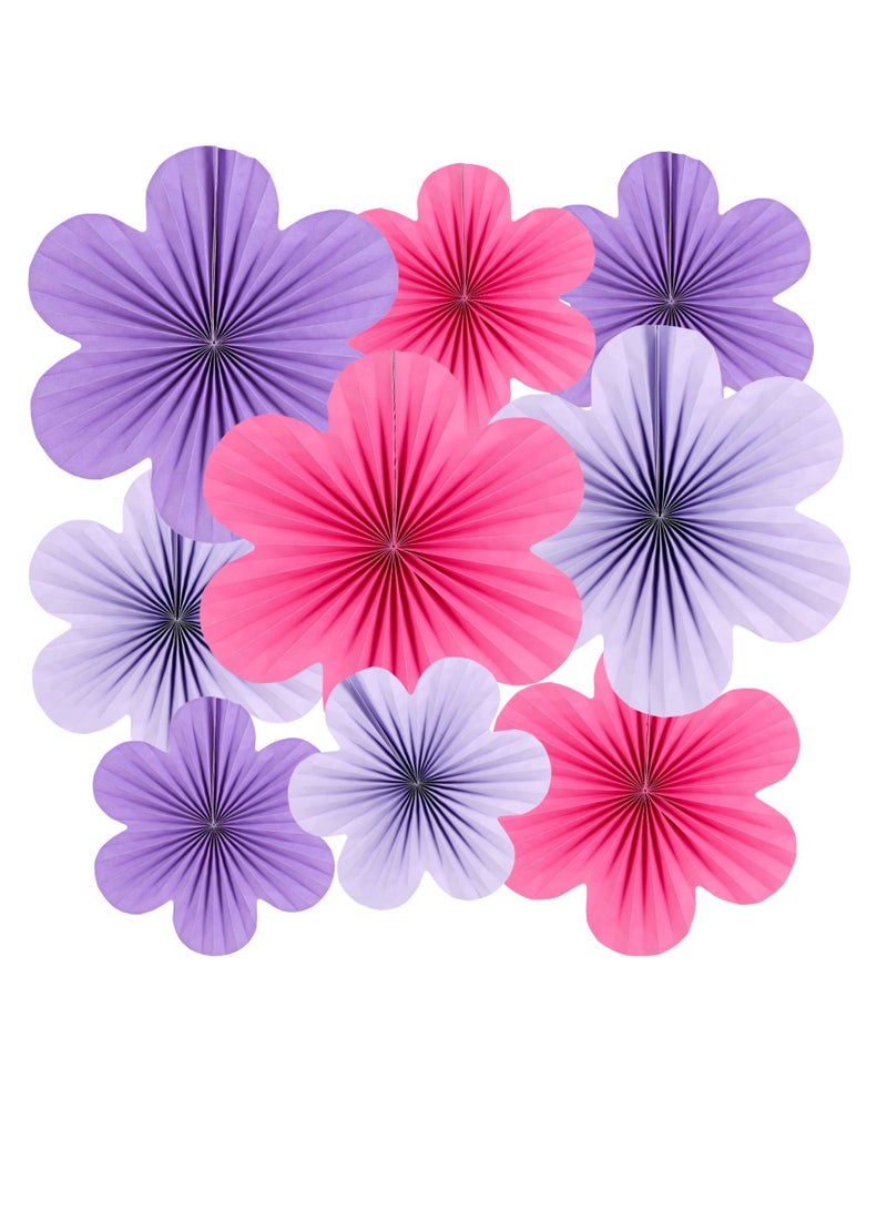 دايتويز زينة زهور ورقية للحائط، مراوح ورقية بنفسجية، ديكور للفصول الدراسية، ديكور خلفية زهور ورقية، مراوح ورقية معلقة، ديكور جدار زهور وردي، مجموعة من 9 قطع. - Image 1