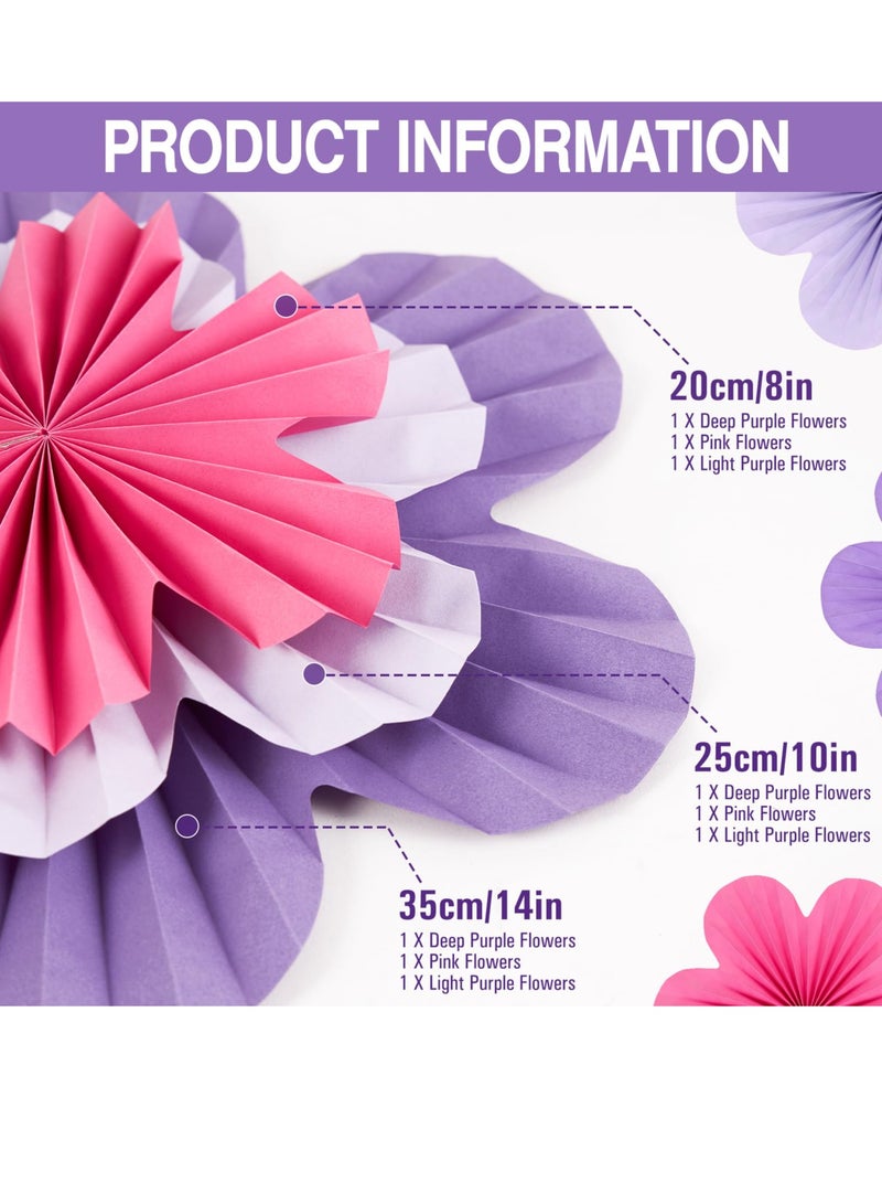 دايتويز زينة زهور ورقية للحائط، مراوح ورقية بنفسجية، ديكور للفصول الدراسية، ديكور خلفية زهور ورقية، مراوح ورقية معلقة، ديكور جدار زهور وردي، مجموعة من 9 قطع. - Image 2