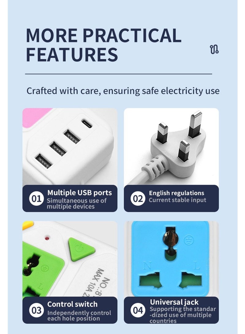 2 meters Universal Power Extension Cord, 5 Power Plugs, 3 USB & 1 PD Type-C Charging Ports Extension lead Surge protector - Black - Image 5