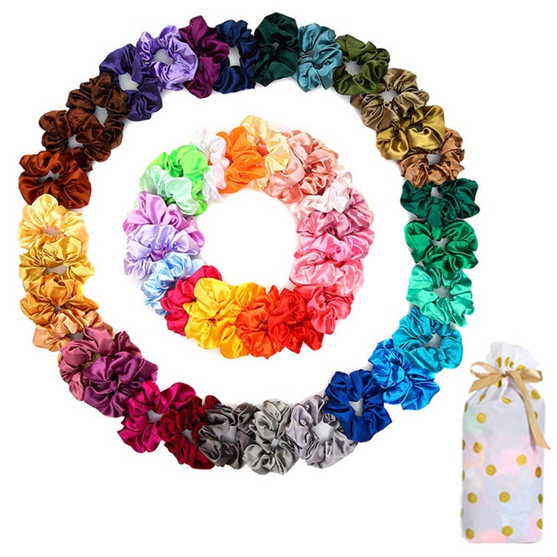 Yanwenx 50 Satin Hair Scrunchies in Multiple Colors Silk Accessories for Curly Hair Teens and Girls With Gift Bag