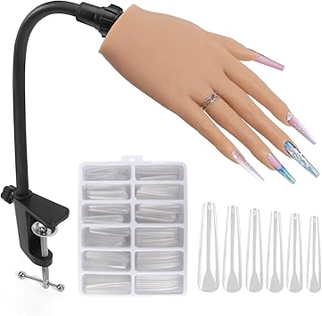Deciniee Nail Practice Hand for Acrylic Nails Adjustable Silicone Nail Hand Practice Model with 240Pcs 3XL Clear False Nails Flexible Training Hand Manicure Kit for DIY Nail Art - Image 1