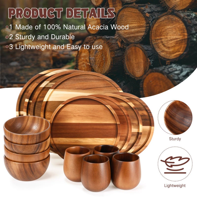 Maxdot 16 Pcs Acacia Wood Dinnerware Set, Round Wooden Plates,Solid Wooden Bowls and Tea Cups, Acacia Wood Tableware Supplies, Easy Cleaning & Lightweight for Dishes Snack, Dessert, Set for 4 - Image 4