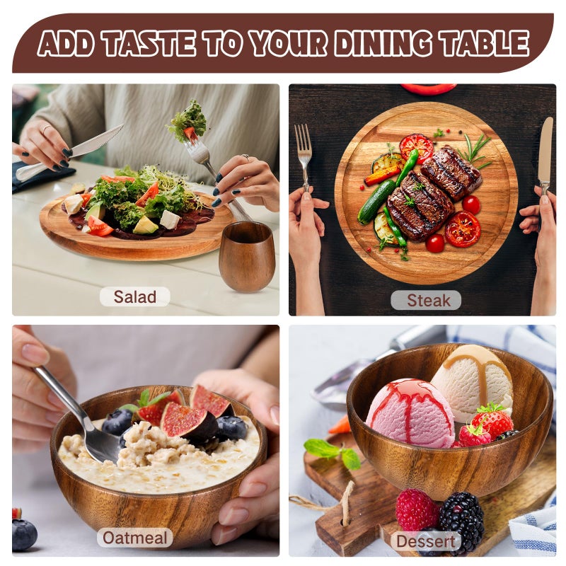 Maxdot 16 Pcs Acacia Wood Dinnerware Set, Round Wooden Plates,Solid Wooden Bowls and Tea Cups, Acacia Wood Tableware Supplies, Easy Cleaning & Lightweight for Dishes Snack, Dessert, Set for 4 - Image 5