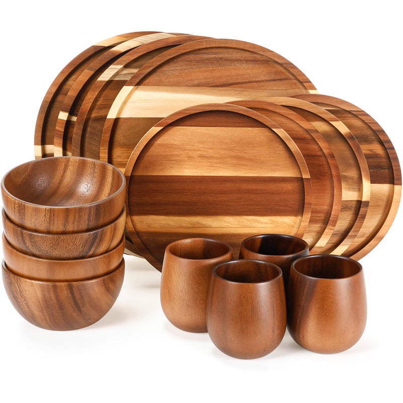 Maxdot 16 Pcs Acacia Wood Dinnerware Set, Round Wooden Plates,Solid Wooden Bowls and Tea Cups, Acacia Wood Tableware Supplies, Easy Cleaning & Lightweight for Dishes Snack, Dessert, Set for 4 - Image 1