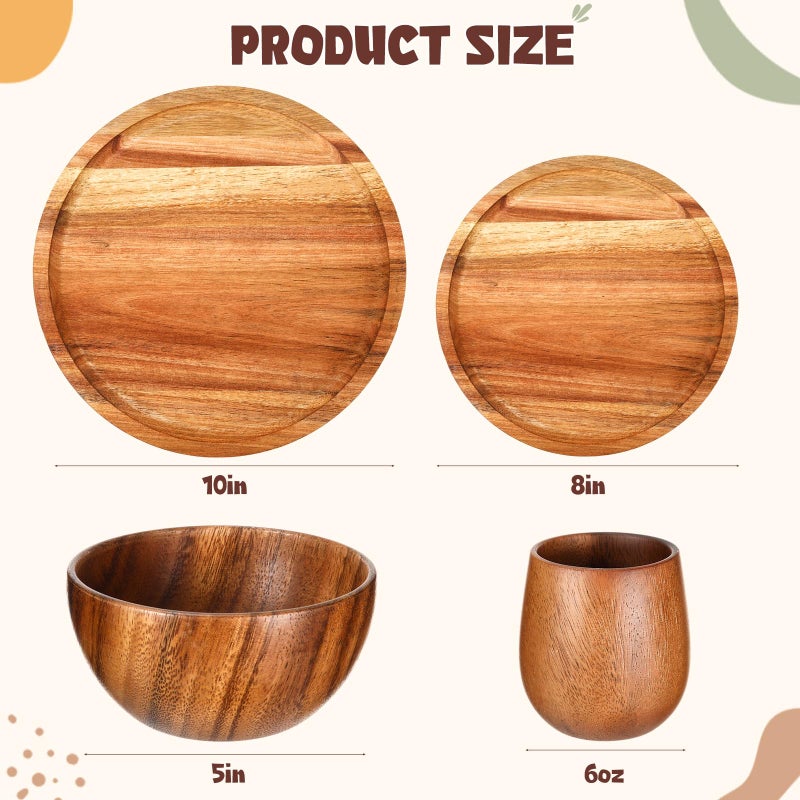 Maxdot 16 Pcs Acacia Wood Dinnerware Set, Round Wooden Plates,Solid Wooden Bowls and Tea Cups, Acacia Wood Tableware Supplies, Easy Cleaning & Lightweight for Dishes Snack, Dessert, Set for 4 - Image 3